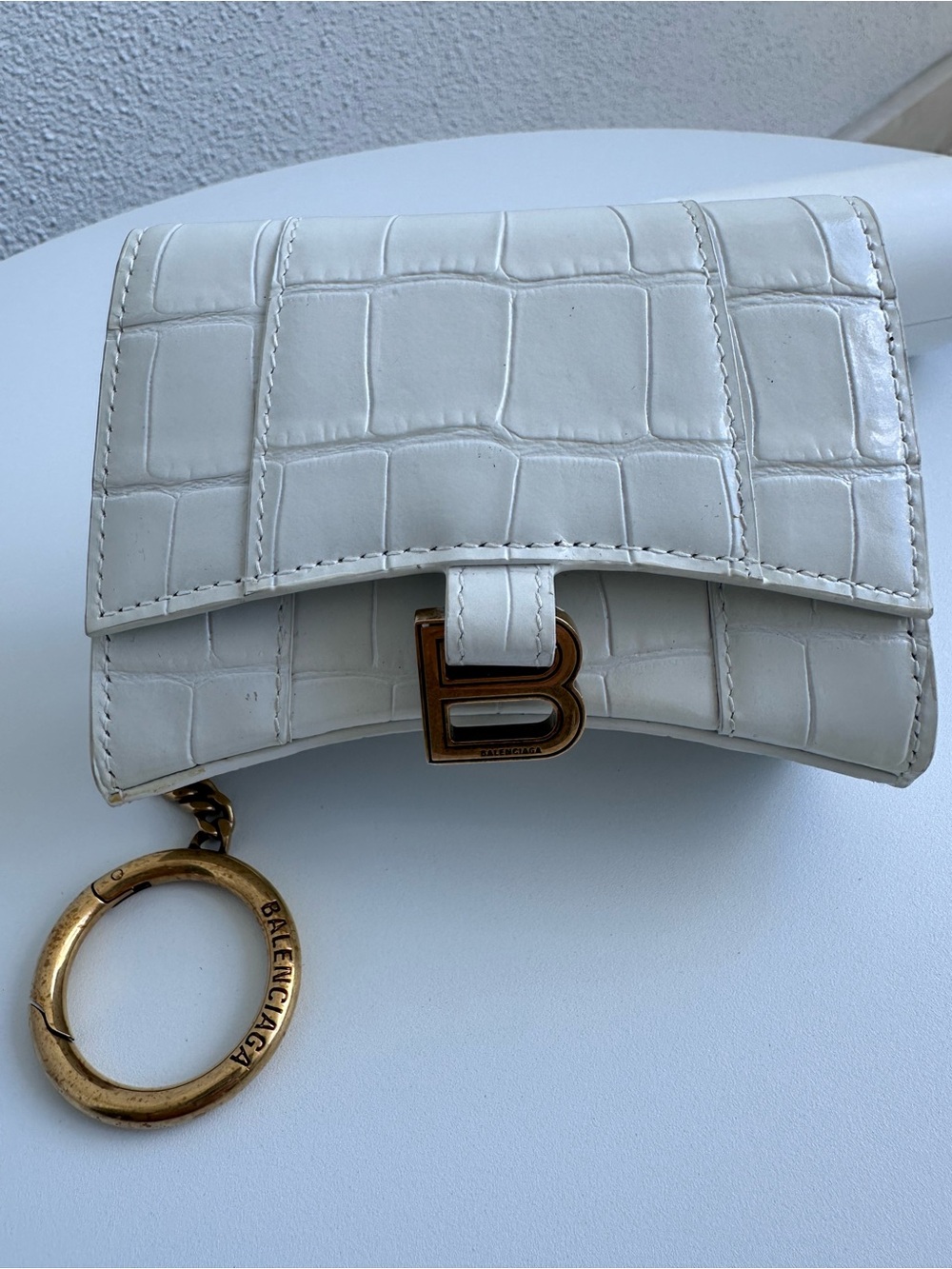 Balenciaga White Croc-Embossed Mini Wallet with Gold 'B' Charm and Keyring. - Picture 2 of 10